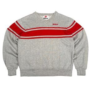 Vintage 80s Gray Red Stripe Sweatshirt V Neck Athletic Pullover Retro Sportswear